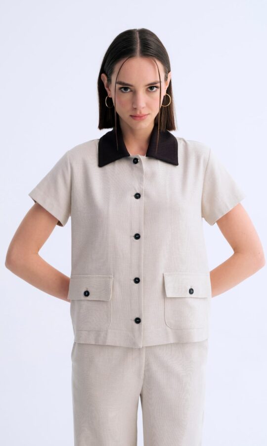 Contrast Collar Yaka Detaylı Kısa Kollu Keten Gömlek